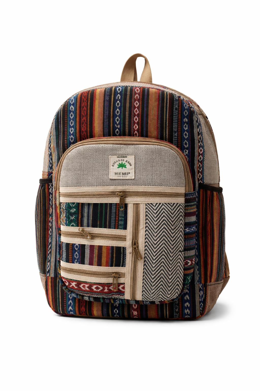 Handmade Hemp Backpack, Multicolor Ethnic Striped Pattern, Durable Fabric with Multiple Zippered Compartments-image-38