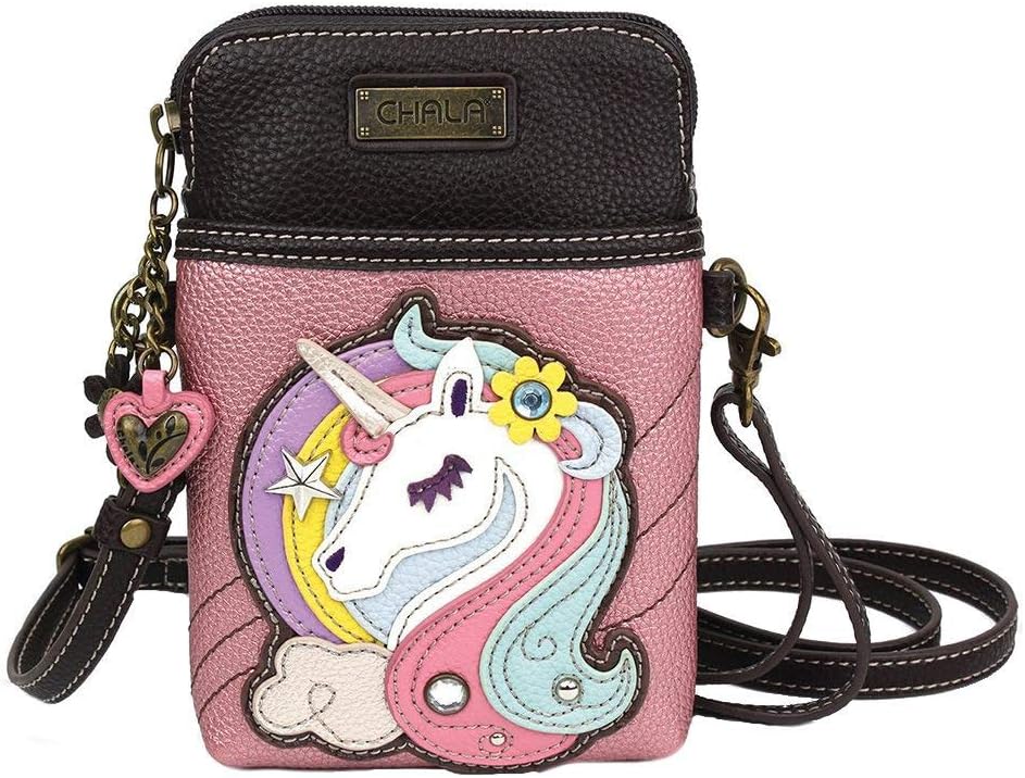 CHALAHandbags Unicorn Cellphone Crossbody Handbag - Unicorn Lover Collector, Gliiter Pink, 5" x 7.5" x 1"