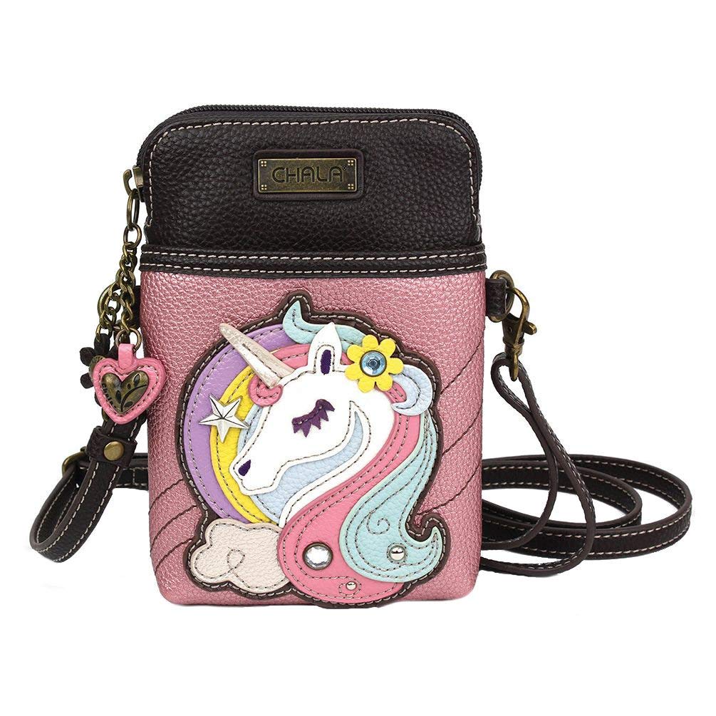 CHALAHandbags Unicorn Cellphone Crossbody Handbag - Unicorn Lover Collector, Gliiter Pink, 5" x 7.5" x 1"