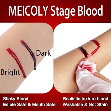 MEICOLY Fake Blood Washable,Edible Stage Blood,0.5 oz Realistic Drips Sticky Fake Blood with Brush,Safe for Mouth,Nosebleed,Halloween,Cosplay,Fake Wound Cut Bites Scar SFX Makeup Special Effects,Dark