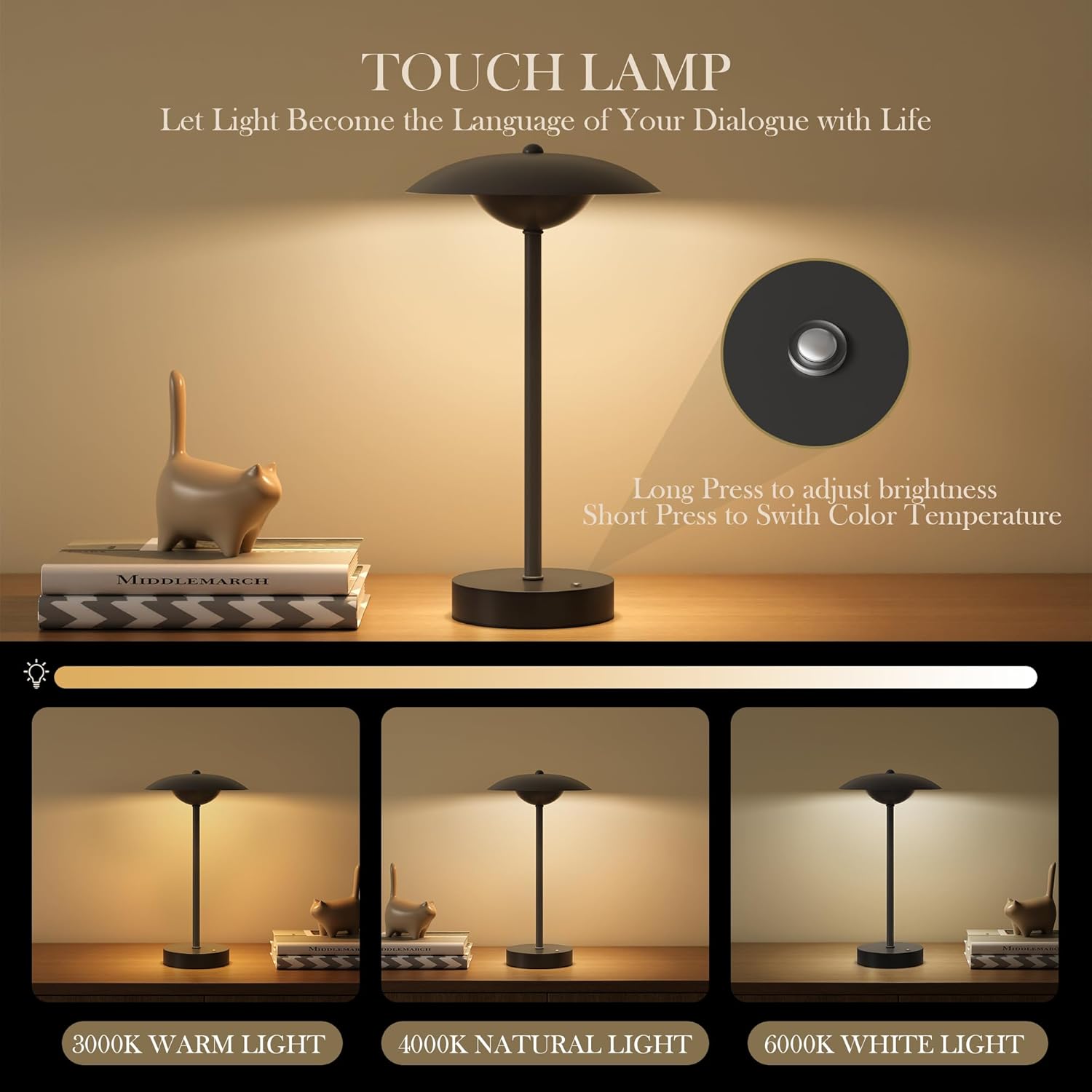 2 Pack Cordless Table Lamps, Rechargeable Battery Powered Lighting, Indoor/Outdoor Table Lamps for Patio Restaurant Home Dinner Dining Kitchen Bar Camping Balcony,Waterproof & Wireless(Black)
