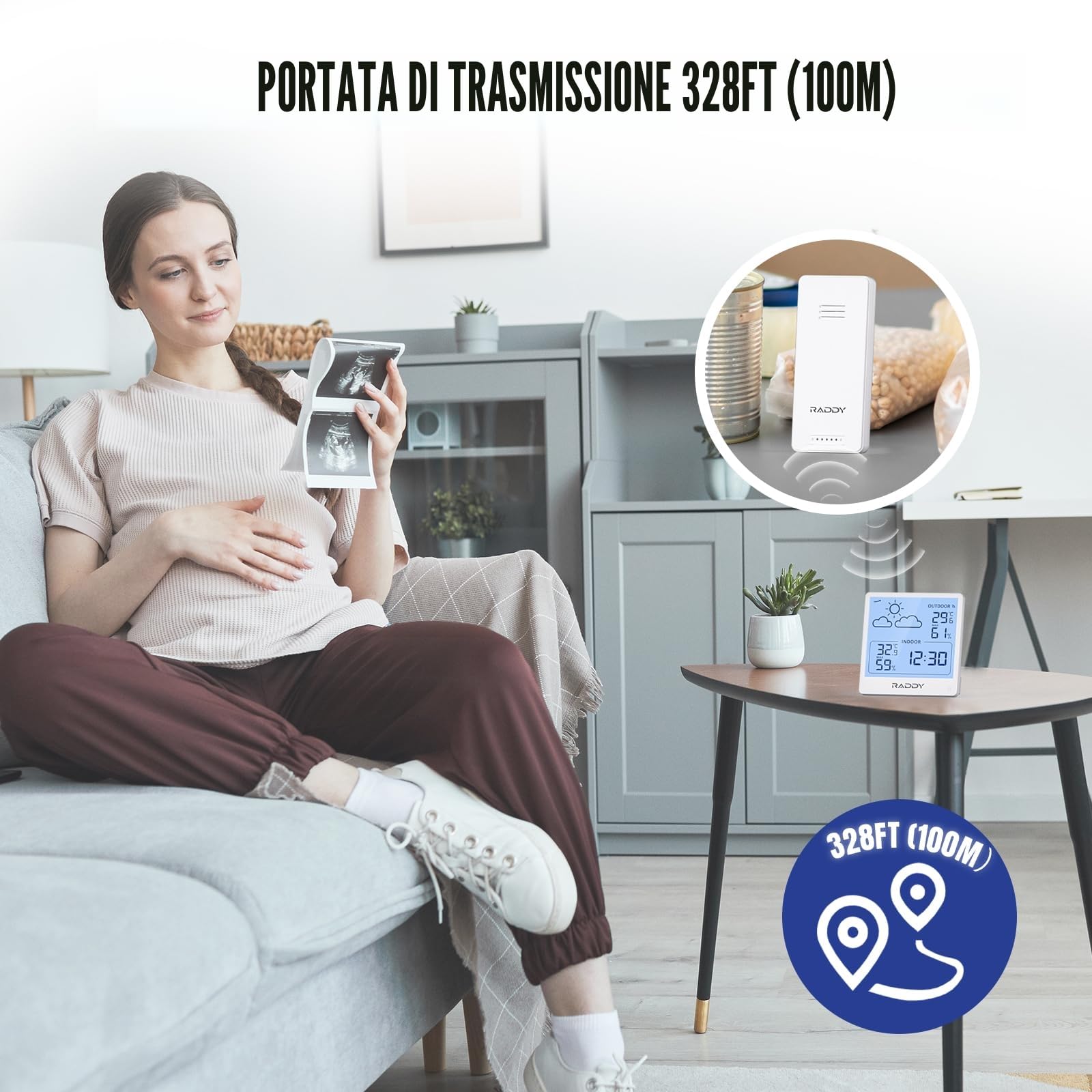 Raddy WF-50T Stazione meteorologica wireless, Termometro Igrometro per interni ed esterni, 5,0'' TN display, alimentazione tramite USB-C, previsioni del tempo, sensore remoto wireless (Bianco)