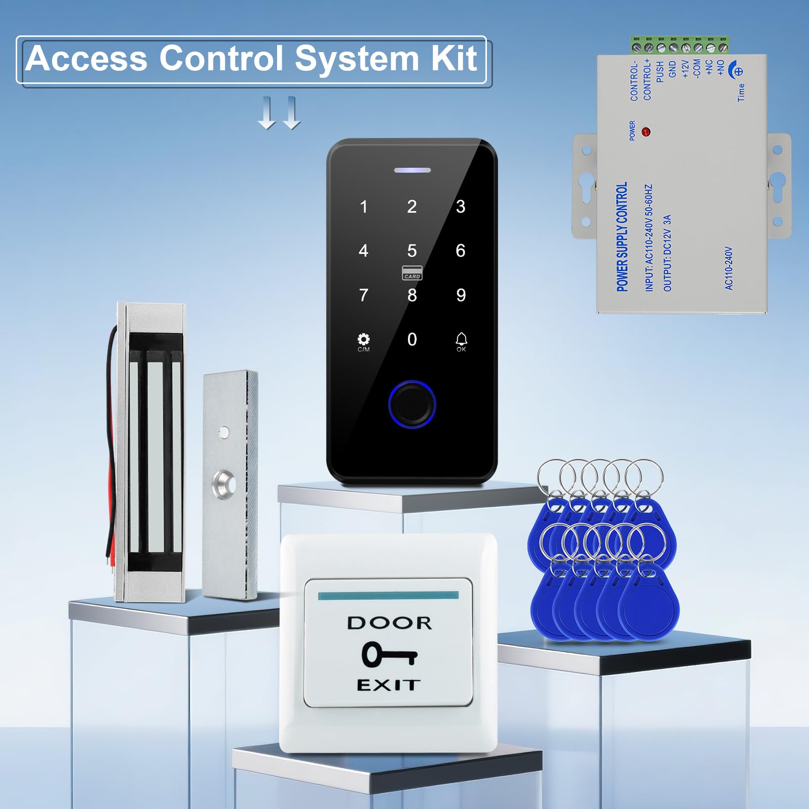 Tuya - Kit de sistema de control de acceso inteligente - Unidad de control de acceso de teclado retroiluminado, bloqueo electromagnético de 180 kg, adaptador de corriente de 12 V/3 A, 10 tarjetas IC
