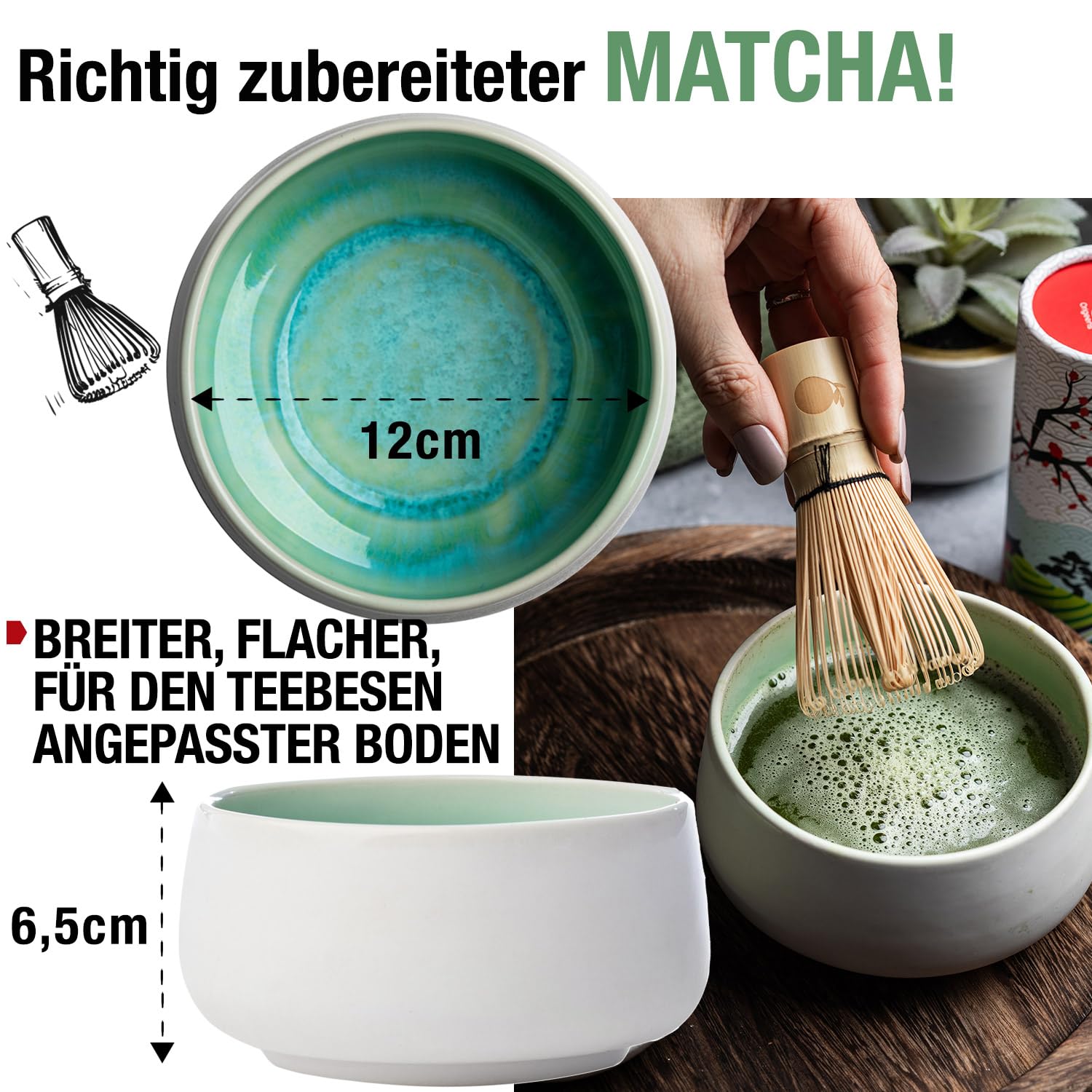 ORIGEENS MATCHA SET MIT PULVER "JADE" - Handgefertigte Matcha-Schale (Portugal), Matcha-Besen, Bambuslöffel, BIO Matcha-Tee aus Japan - Matcha Tee Set für Teezeremonie, Geschenkset