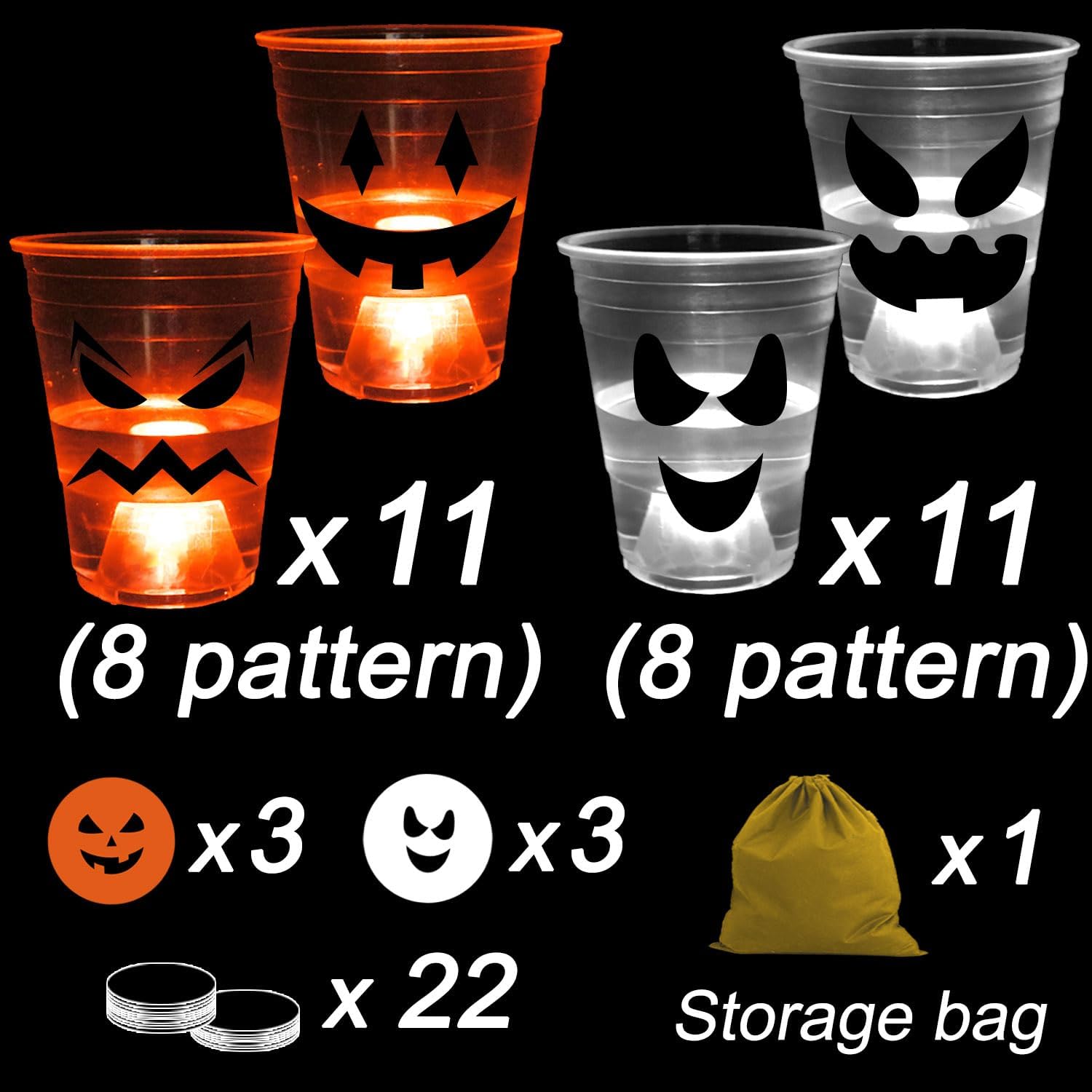 Ahuimeius 22 Pcs Halloween Glow Pumpkin Party Game Set,16 oz Light Up Pong Cups for Halloween Ghost Theme Party with 6 Halloween Theme Balls, Halloween House Parties Holidays Game(Orange&White)