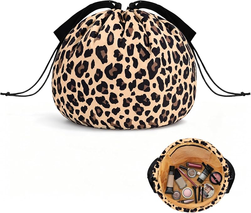 Necessaire de maquiagem Cantustime com estampa de leopardo e fechamento por cordão