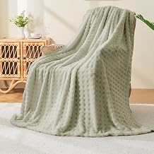 Wajade Fleece Throw Blanket, Fluffy Faux Fur Blanket for Bed Sofa Couch, Soft Warm Thick Blanket,waffle Sage Green-127X178