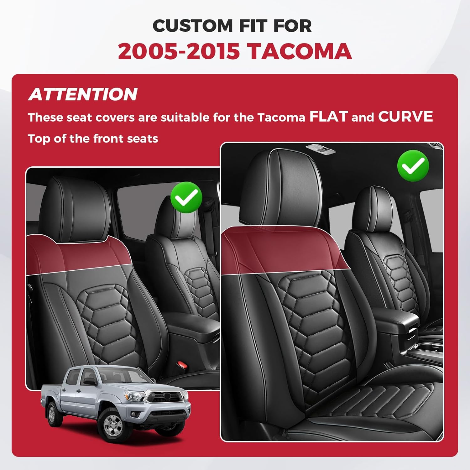 FREESOO Tacoma Seat Covers Custom Fit for Toyota Tacoma 2005-2015 Double Crew Cab Faux Leather Full Set Pickup Truck Seat Covers (Full Set, Black)
