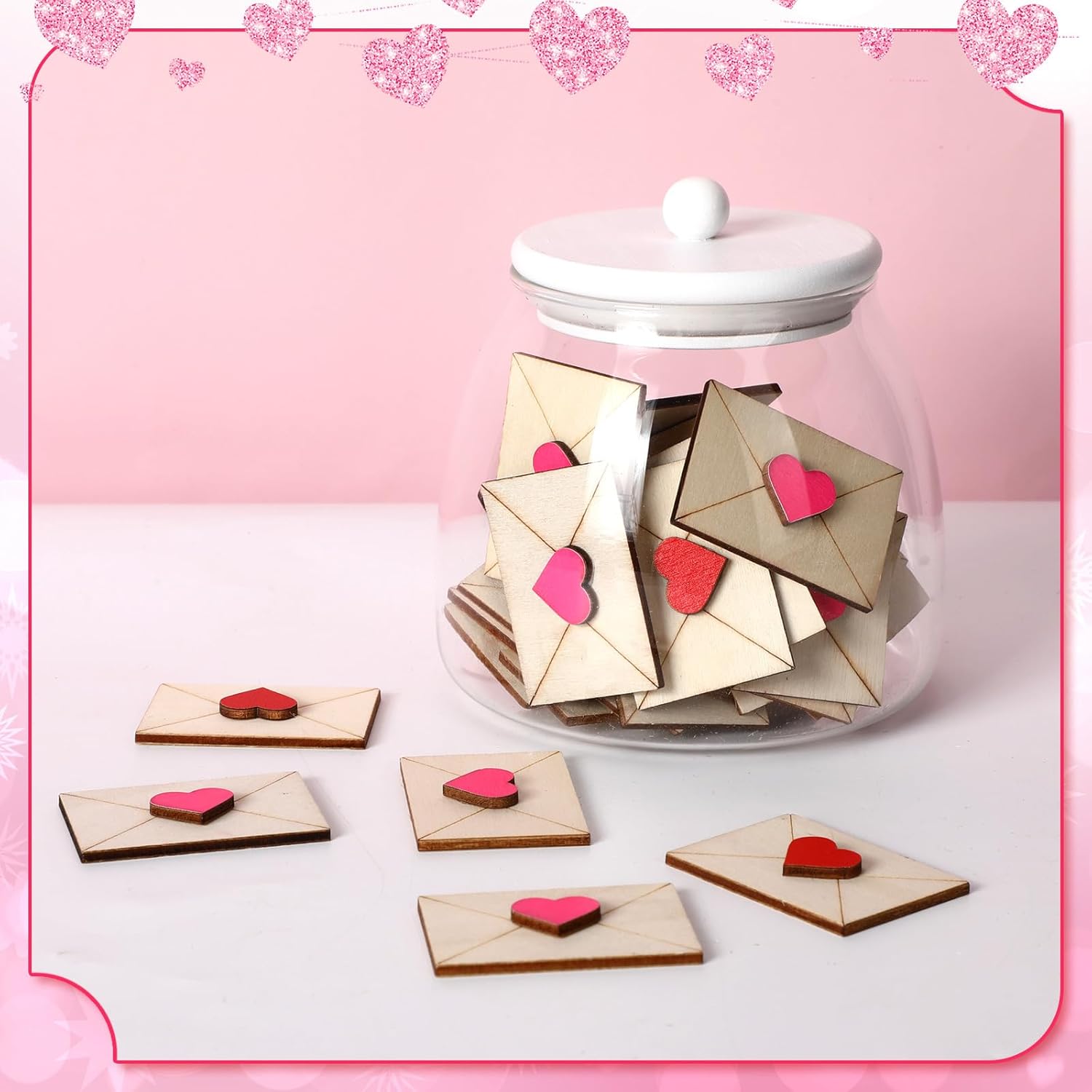 Valentines Day Decor Valentine Mini Wooden Envelope in Jar Farmhouse Rustic Wooden Table Decoration Heart Sweet Envelope Wood Sign Tabletop Centerpiece for Wedding Engagement Gift(Red Pink)