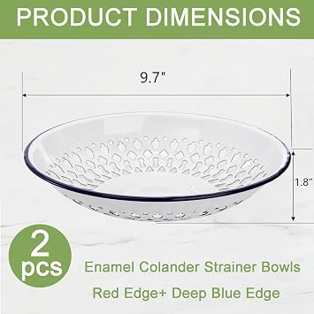 Frcctre 2 Pack Enamel Colander Bowls, Vintage Self-draining Metal Kitchen Colander Strainer Enamel Plates Fruit Bowl, Red/Blue Edge Country Original Home Kitchen Decoration