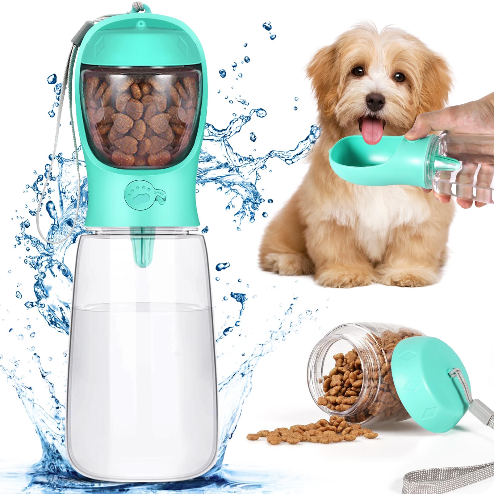 Frasheng 550ML Botella de Agua para Mascotas con 80g Recipiente de Comida, Botellas de Agua para Perro Gato, Antibacteriano, Portatil, Botella para Perros, para Senderismo y Acampada (Azul)