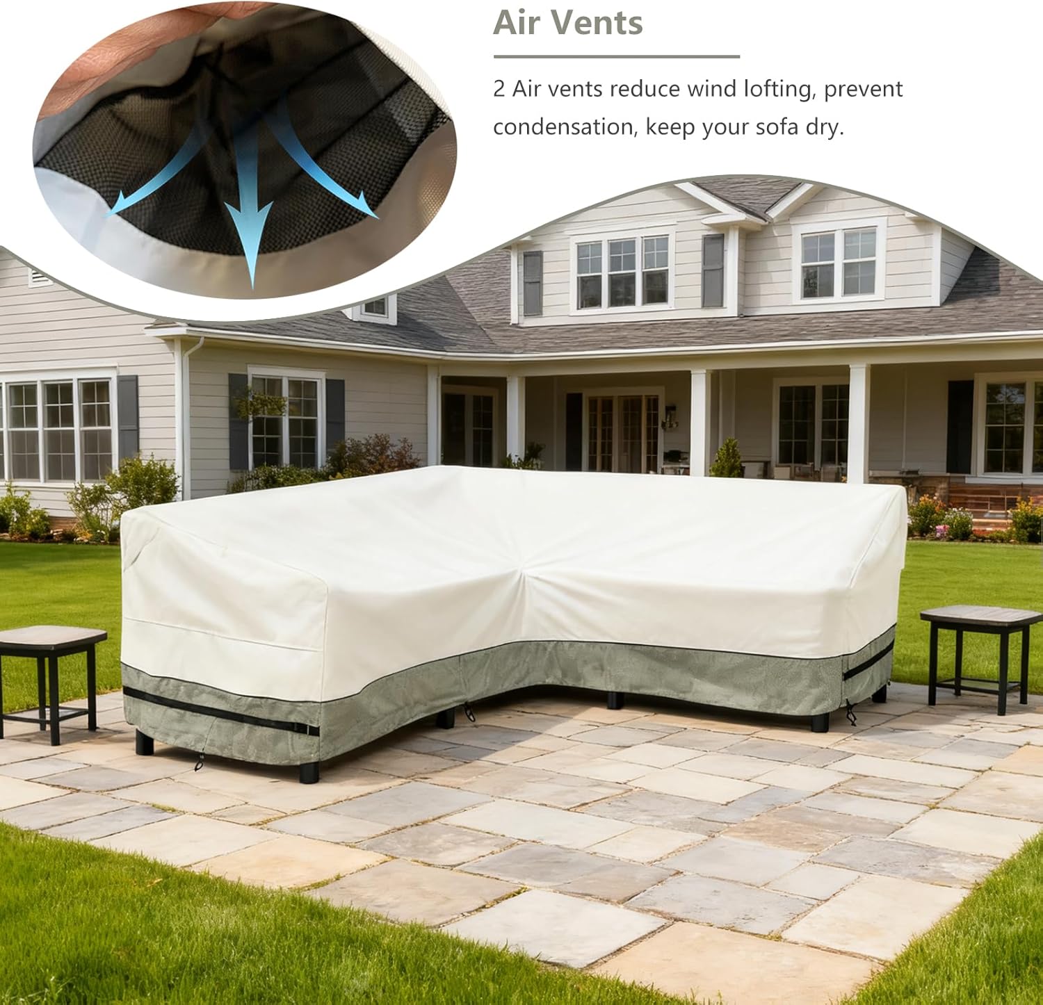 okcool Outdoor Sectional Sofa Cover Waterproof V Shaped Patio Furniture Covers for 5-Seater Outdoor Sectional Furniture Couch 85"(85''L) x 33.5''D x 31''H,White&Grayish Green