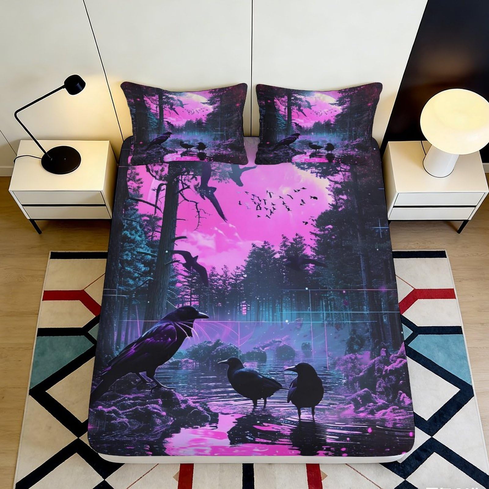 3D Printed Purple Forest Raven Fitted Sheet Microfiber Bedroom Bed Sheet for Mattress Protection Decor 90x200x25cm