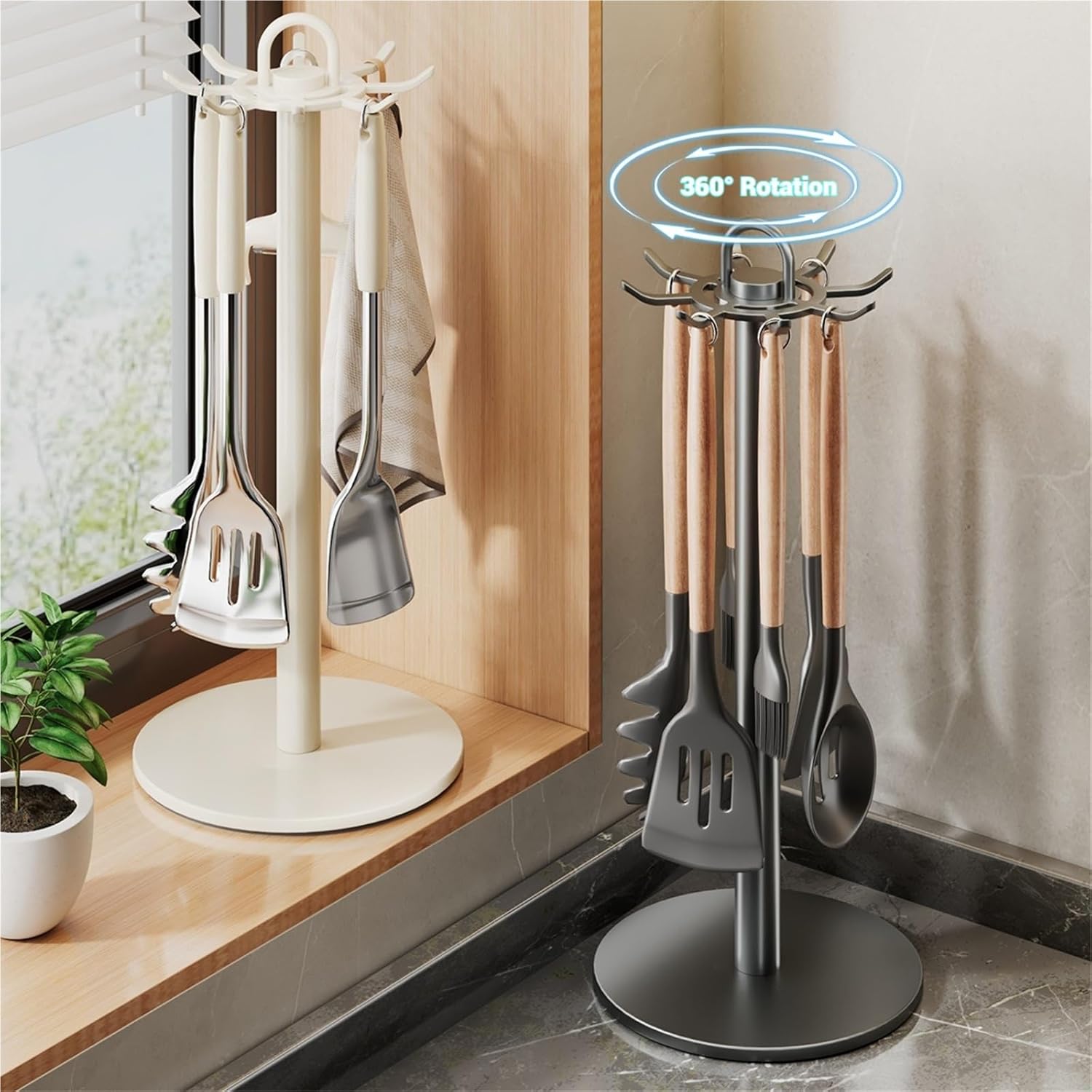 Rotating Kitchen Utensil Holder with 8 Hooks, Countertop Cooking Utensils Storage Hanger for Organization(Gun grey)