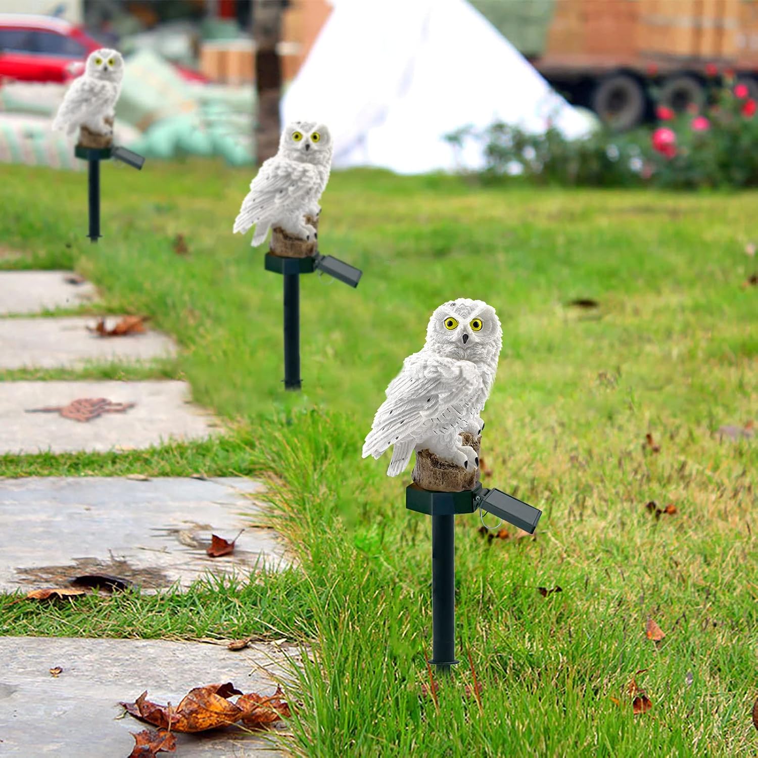 2 Pack Owl Solar Lights Outdoor Garden Resin Waterproof Garden Decorations with Stake for Patio, Yard, Lawn, Walkway Decoration Scare Birds Away(White)
