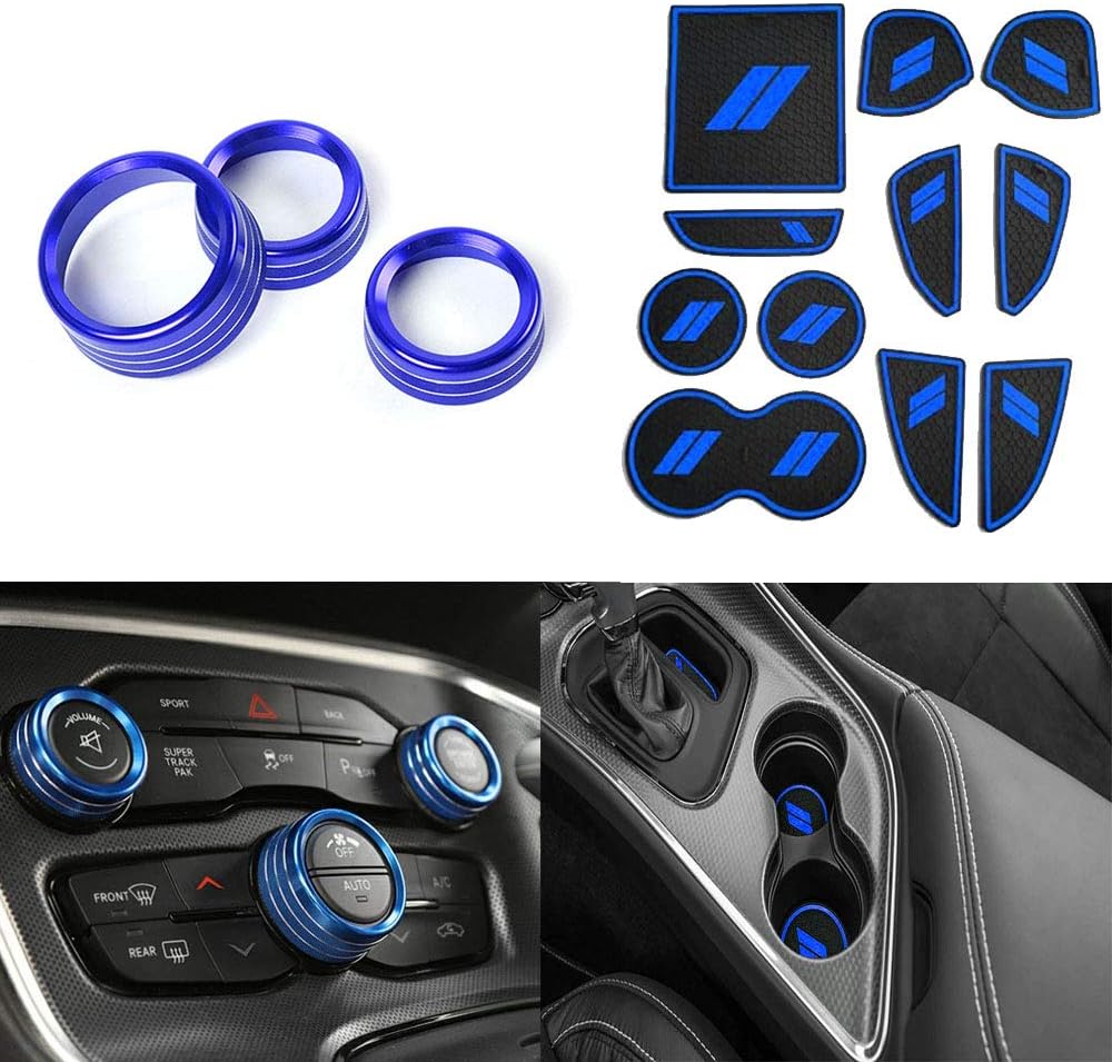 XITER 3pcs Aluminum Alloy Air Conditioner Volume Radio Trim Rings， 11pcs Non-Slip Anti Dust Cup Holder Inserts Center Console Liner Mats For Dodge Challenger 2015-2023 - Blue Trim