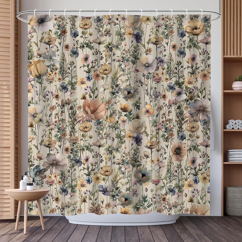 Boho Floral Watercolor Shower Curtain - Elegant Wildflower Botanical Design Botanical Bathroom Decor Cottagecore Whimsical Bathroom Accessory with 12 Hooks - 72 x 72 Inches
