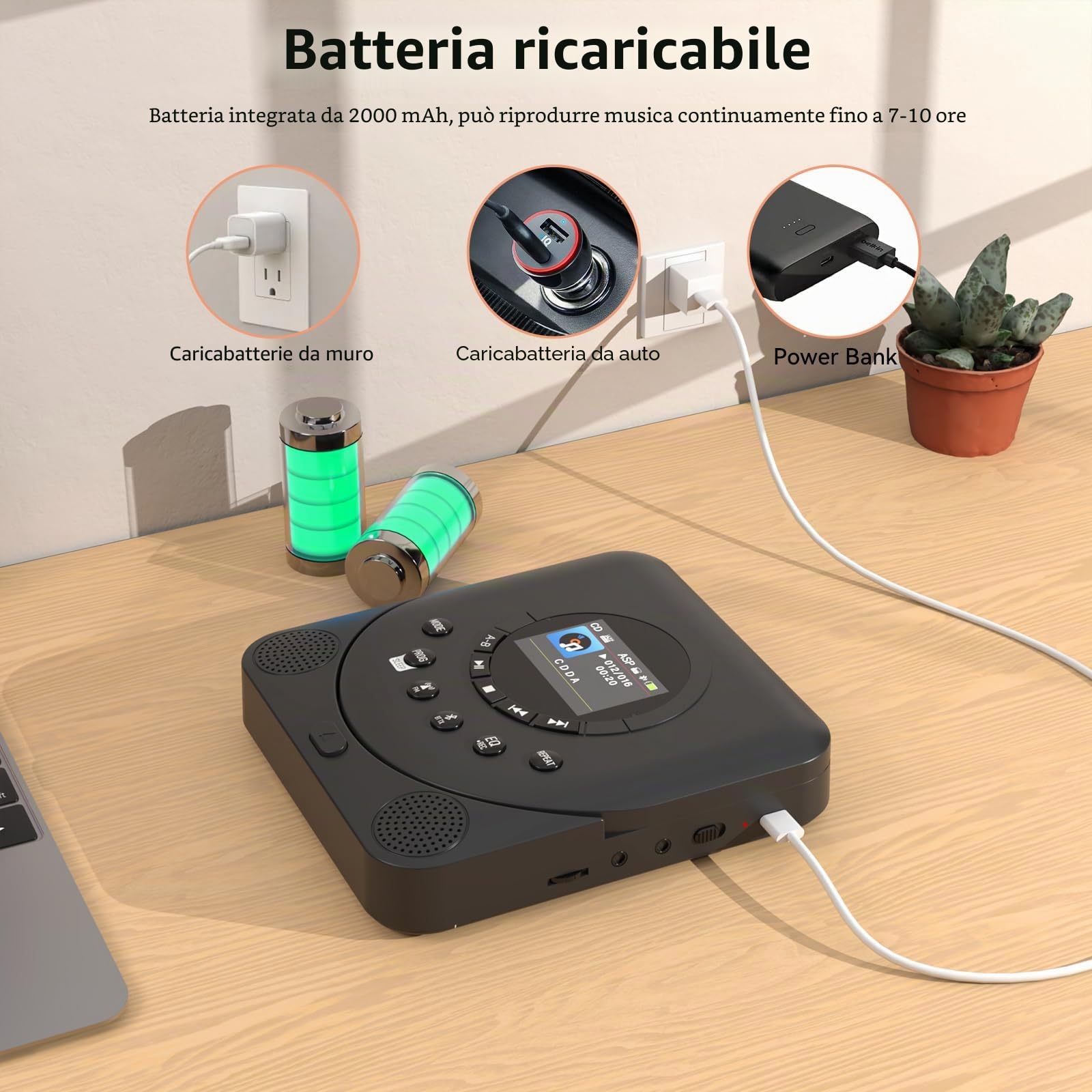 MONODEAL Lettore CD portatile con display TFT e timer di sospensione, radio FM integrata, lettore CD portatile Bluetooth, lettore CD Discman ricaricabile, con altoparlante e trasmettitore FM | Lettore CD portatile con timer di sonno e radio, ricaricabile,