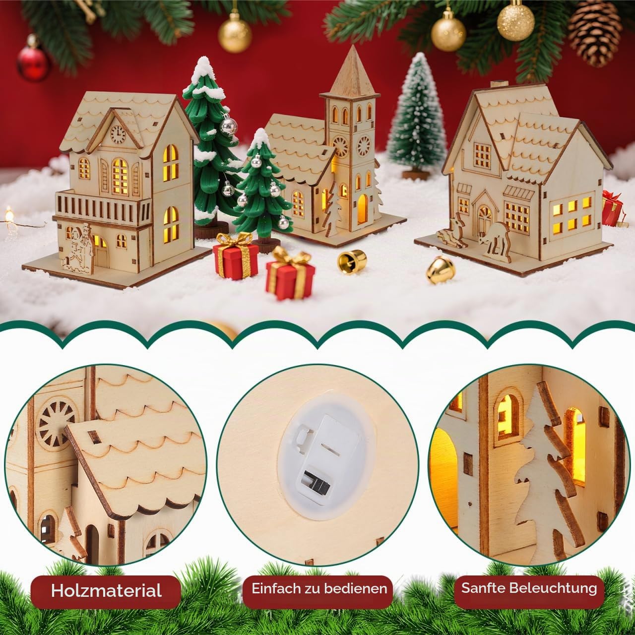 Gatuida Weihnachtsdorf mit Beleuchtung: 3 Stück Weihnachtshäuser mit Beleuchtung Leuchtende Holzhaus Deko Weihnachtsdorf Häuser Weihnachtsstadt Winterdorf für Weihnachten Tischdekoration Kaminsimse