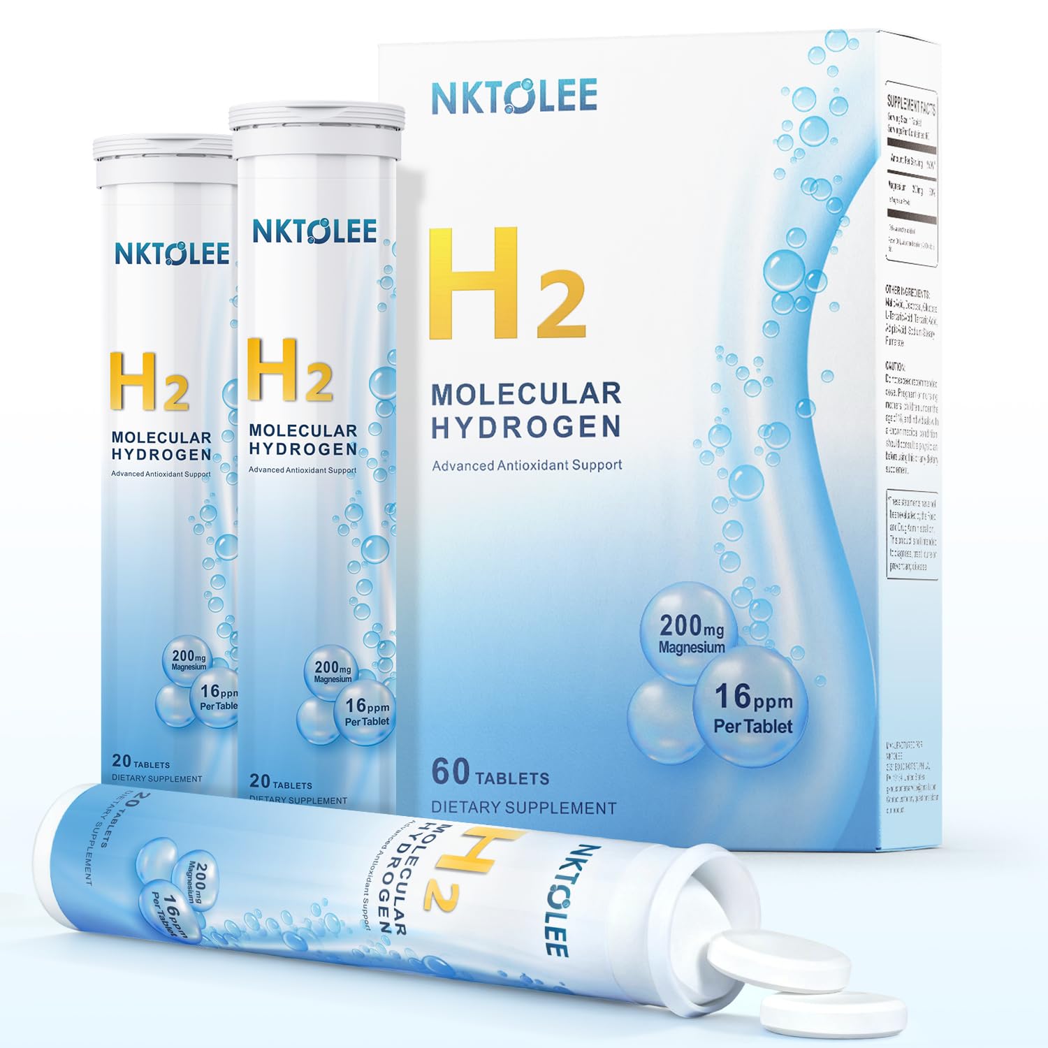 NKTOLEE Hydrogen Water Tablets, 16PPM H2 Molecular Hydrogen, 60 Count