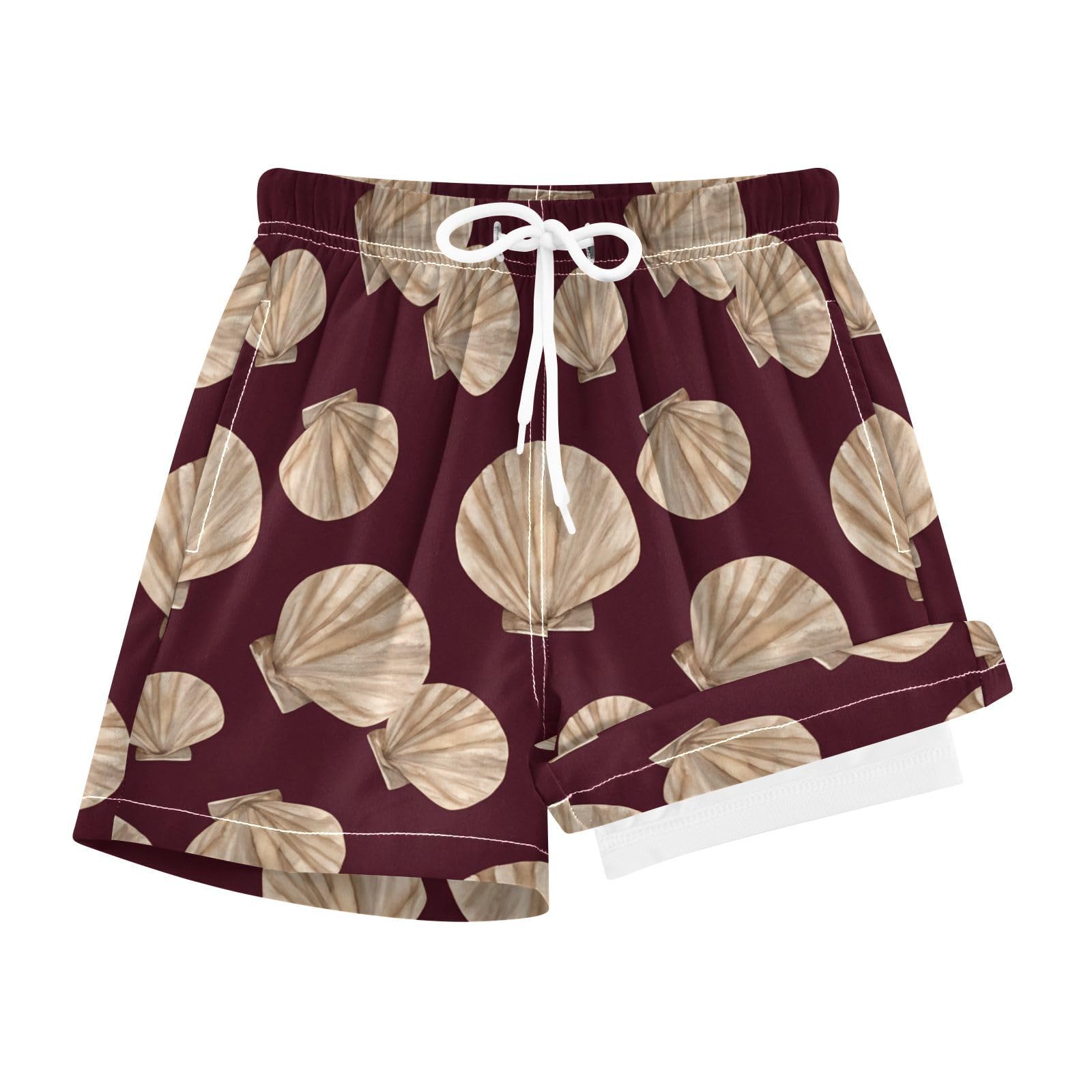 YANENDIE Boy Swim Trunks with Compression Liner Watercolor Scallop Seashells Boys Swim Shorts Quick Dry Beach Shorts