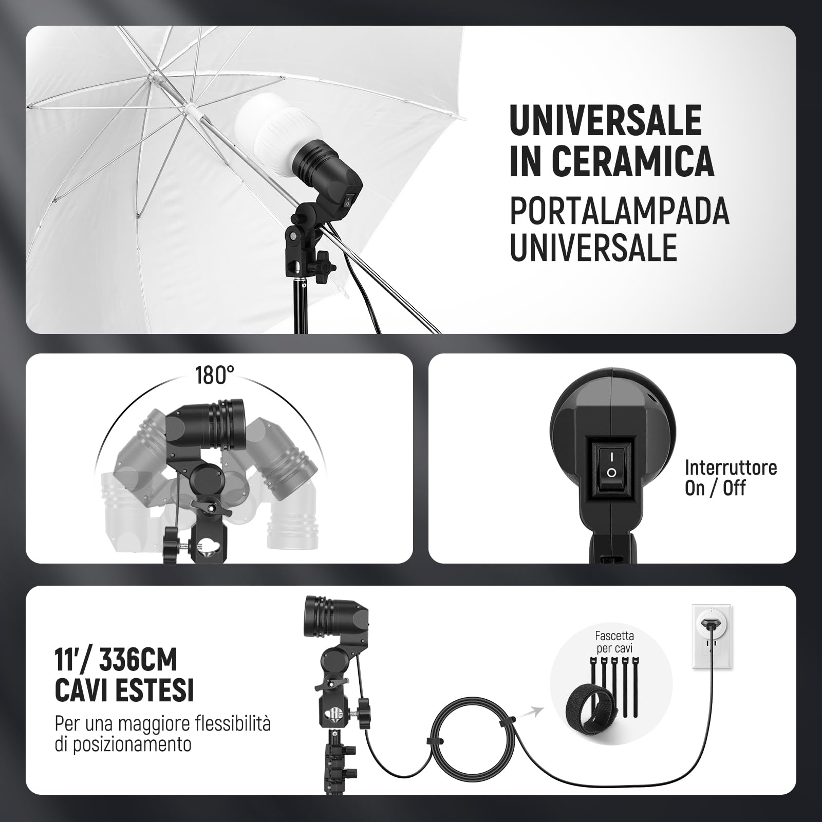 NEEWER Kit di Illuminazione Fotografica 600W,Equivalente a Incandescenza con 2 Ombrello Bianco,2 Ombrello Nero, 3 Lampadina LED da 24W,3 Stativo per Luce, 2Borsa, 5 Fascetta,3 Base per Presa E27,NK500
