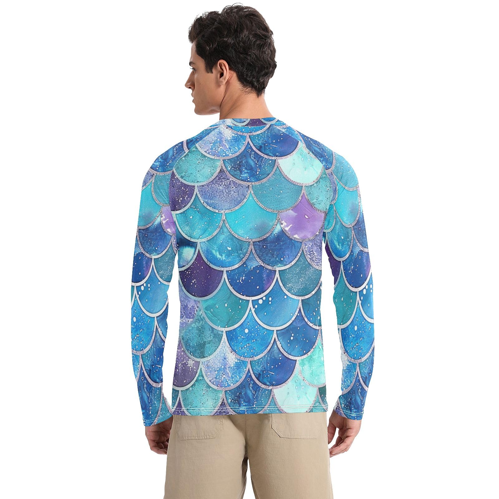 Trendy Mermaid Scales Sun Shirt UPF 50+ UV Sun Protection Long Sleeve Rash Guard for Men Quick Dry Fishing Shirts, Large