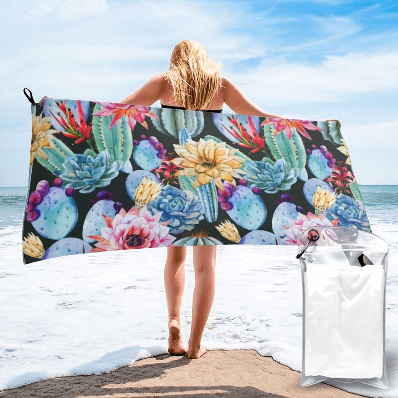 Lawenp Floral Cactus Microfiber Beach Towel Adults Large Quick Drying Bath Towel Travel Towels with Pouch 27.5"x55"