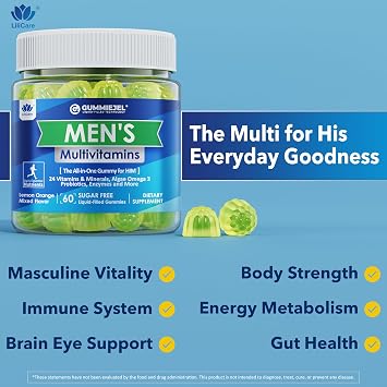 Mens Multivitamins Gummies, Methylated Multivitamin for Men, B Complex, Minerals, Vegan Omega 3, Probiotic, Enzyme, Antioxidants for Men's Complete Daily Support, Sugar Free, Vegan (No Iron) 60 Counts