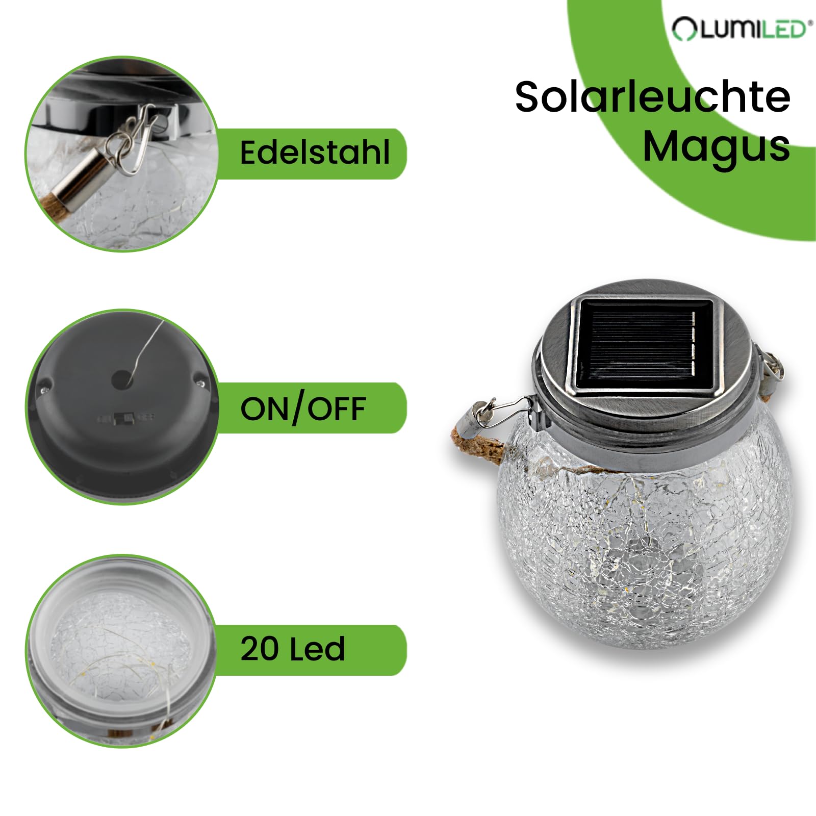 LUMILED 3x Set Solarleuchte Einmachglas Hängende Licht IP44 3000K 20 LED 600mAh Glas Pendelleuchte Außenlaternen ⌀12 cm Solar für Außen Dämmerungssensor Risslicht für Außen Garten Terrasse