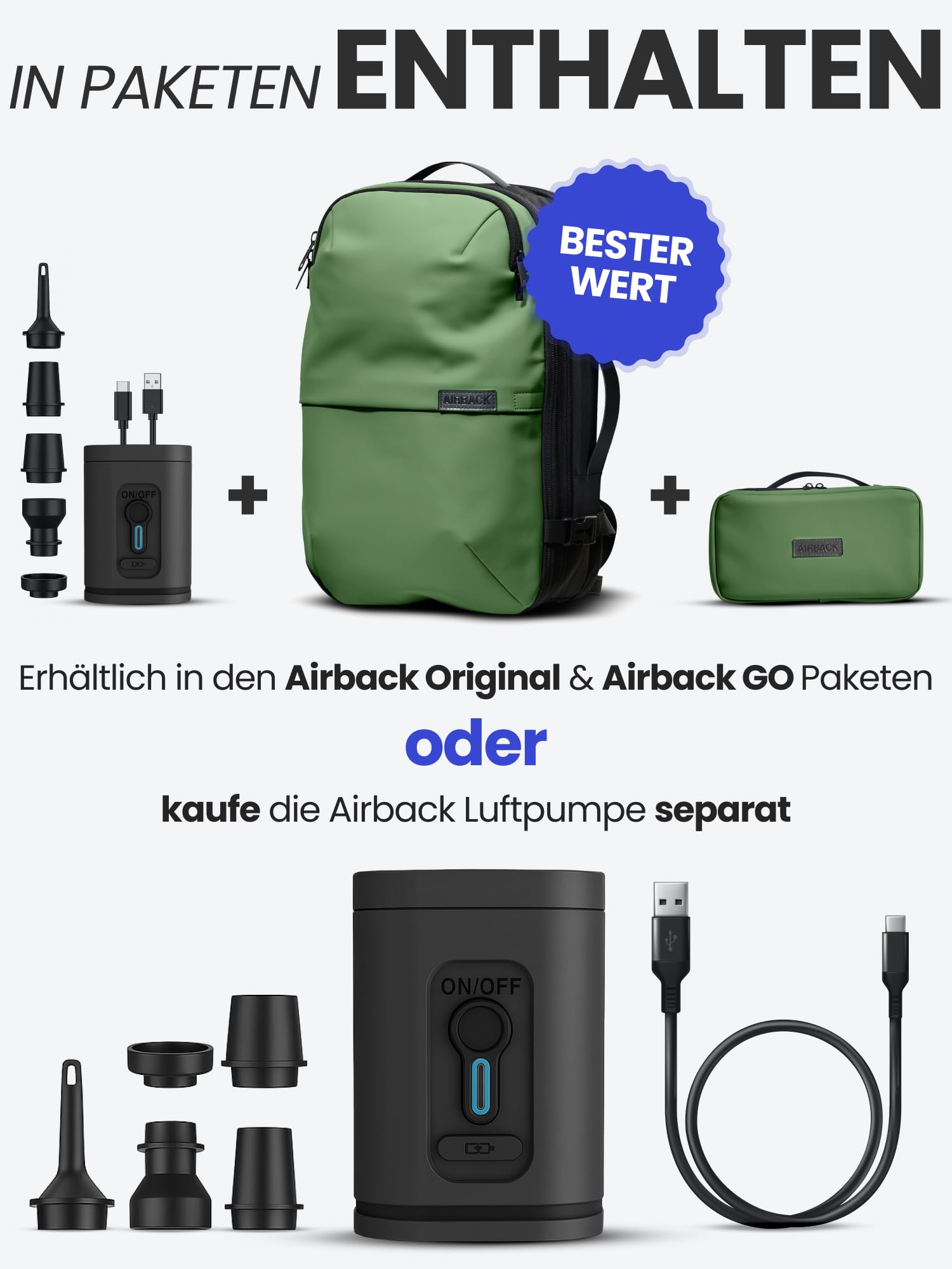 Airback Winzige Luftpumpe, tragbare elektrische Pumpe mit LED-Anzeige, Passend für alle unsere Rucksäcke, Mini Airpump, Schwarz