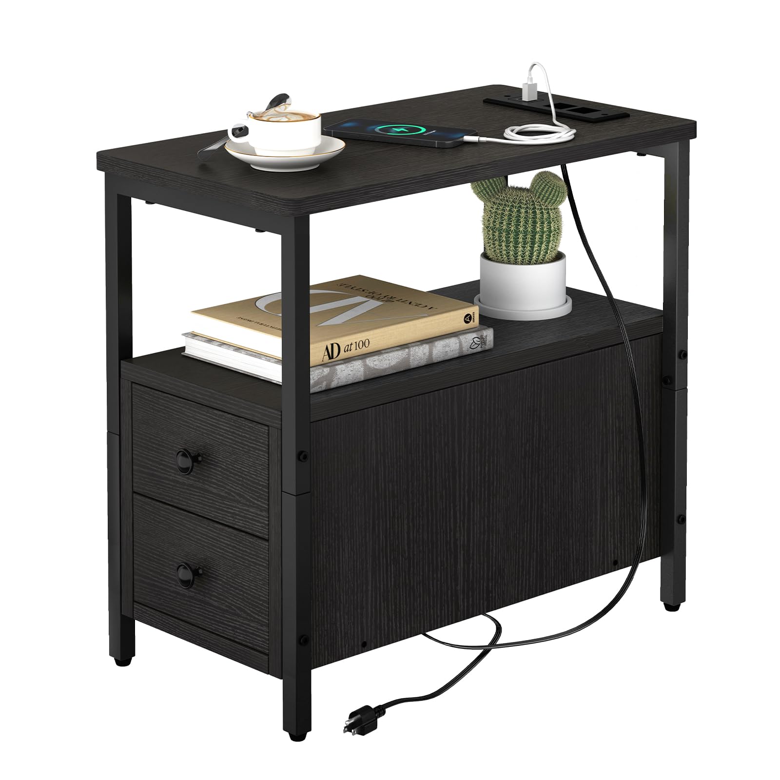 Fixwal Side Table with Charging Station, Narrow End Table with 2 Wooden Drawers, Nightstand Sofa Table for Small Spaces, Living Room, Bedroom, Black