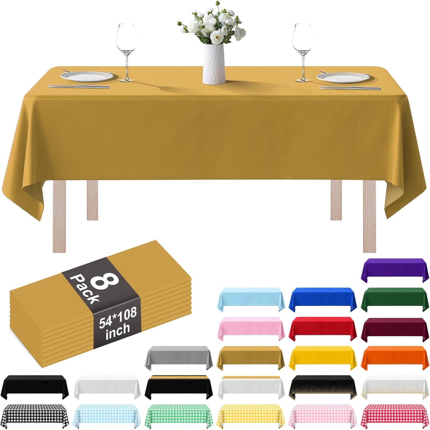 8 Pack Plastic Tablecloth 54" x 108" Disposable Table Cloths for 6 to 8 Foot Tables Rectangle Table Cover for Parties (Gold, Rectangle)