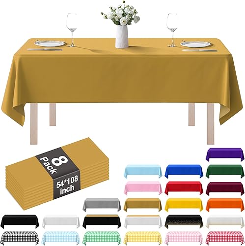 Vista 49 de Paquete de 8 manteles de plástico de 54 x 108 pulgadas, manteles desechables para mesas de 6 a 8 pies, mantel rectangular para mesas para fiestas