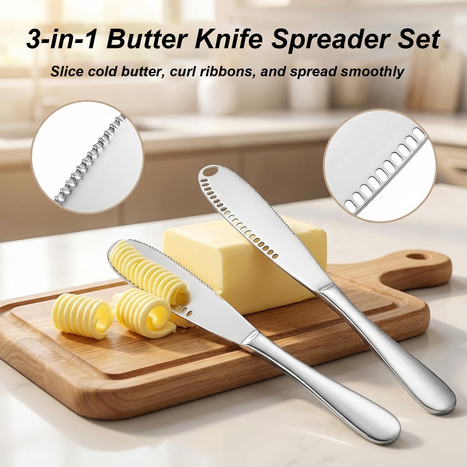 2PCS Upgraded 3-in-1 Butter Knife Spreader and Curler,Professional Stainless Steel Butter Grater for Cold Butter, 8.07 Inch Butter Slicer with Holes for Bread Cheese Jam, Silver