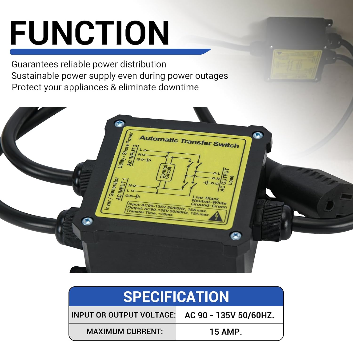 AC120V 15Amp Automatic Transfer Switch, Generator ATS Auto Transfer Switch (NEMA 5-15P/R) image 4
