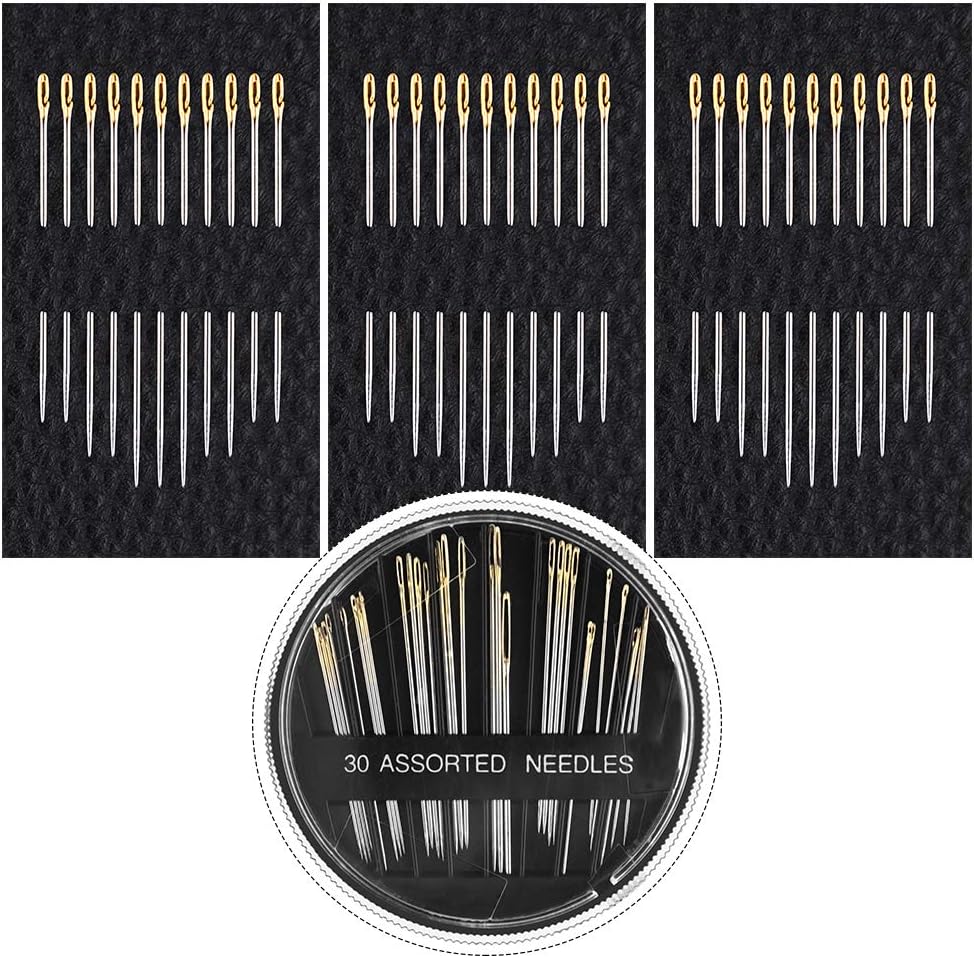 FEPITO 66 Pcs Golden Sewing Needles Self Threading Needles Hand Needles Stitching Pins Embroidery Hand Sewing Tools