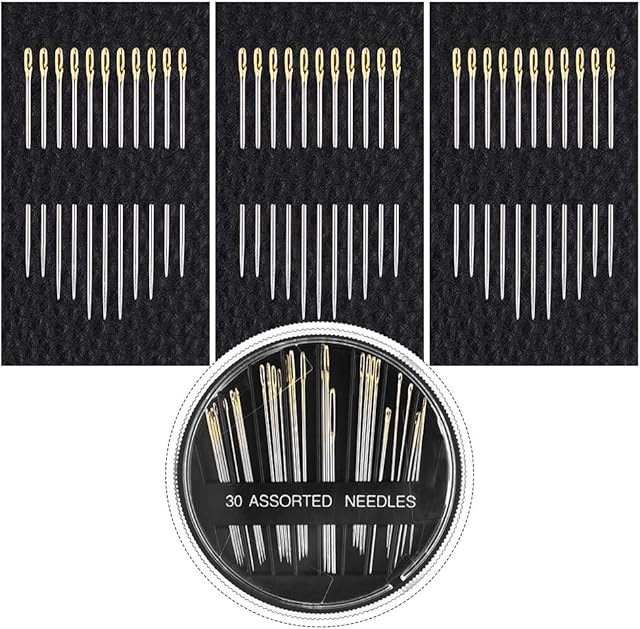 FEPITO 66 Pcs Golden Sewing Needles Self Threading Needles Hand Needles Stitching Pins Embroidery Hand Sewing Tools