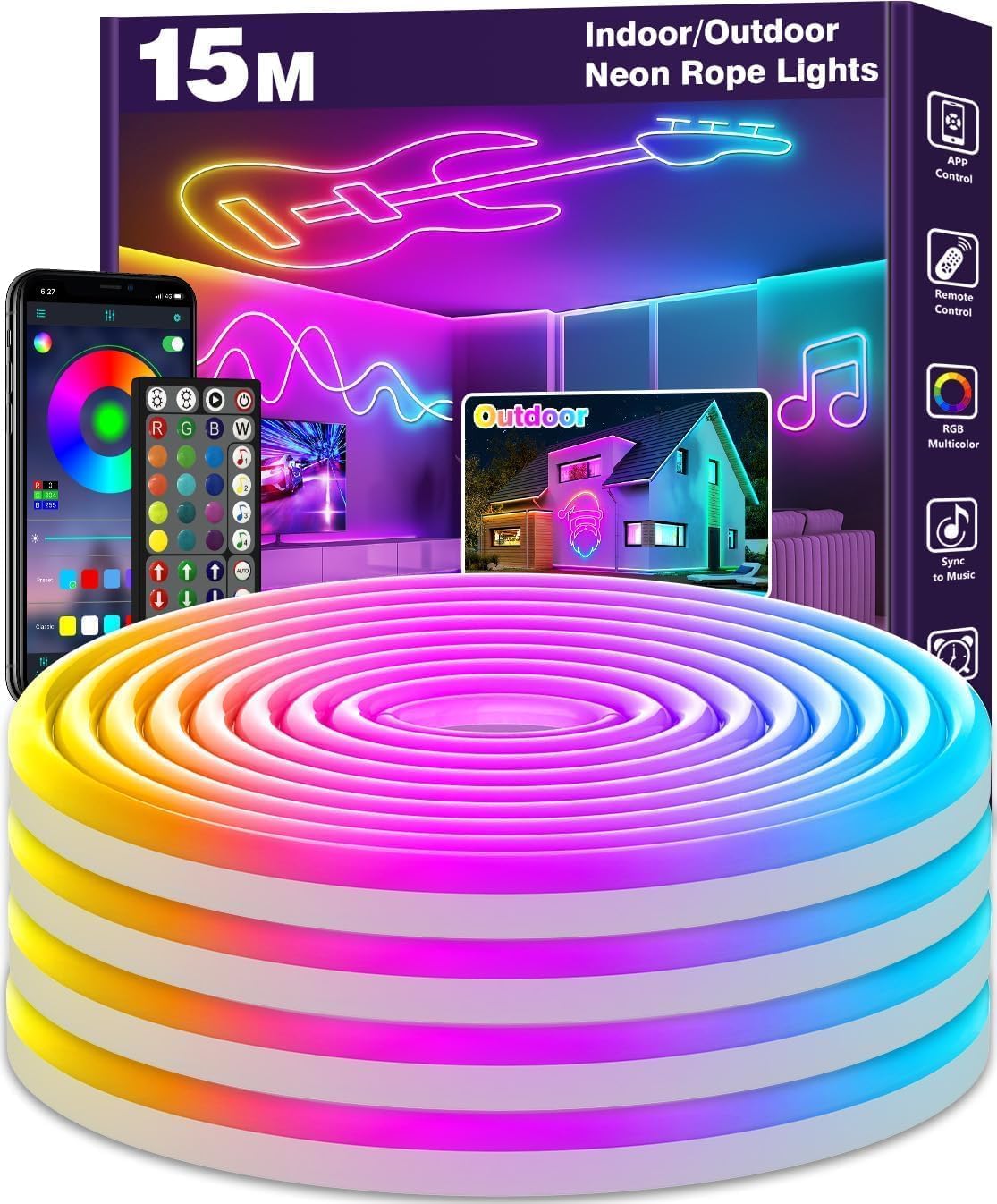 LETIANPAI Neon LED Strip 6M, Flexible LED Strips, Control with App/Remote, Multiple Modes, Waterproof, Music Sync Gaming Strip Lights for Bedroom Indoor, Outdoor RGB Neon Lights