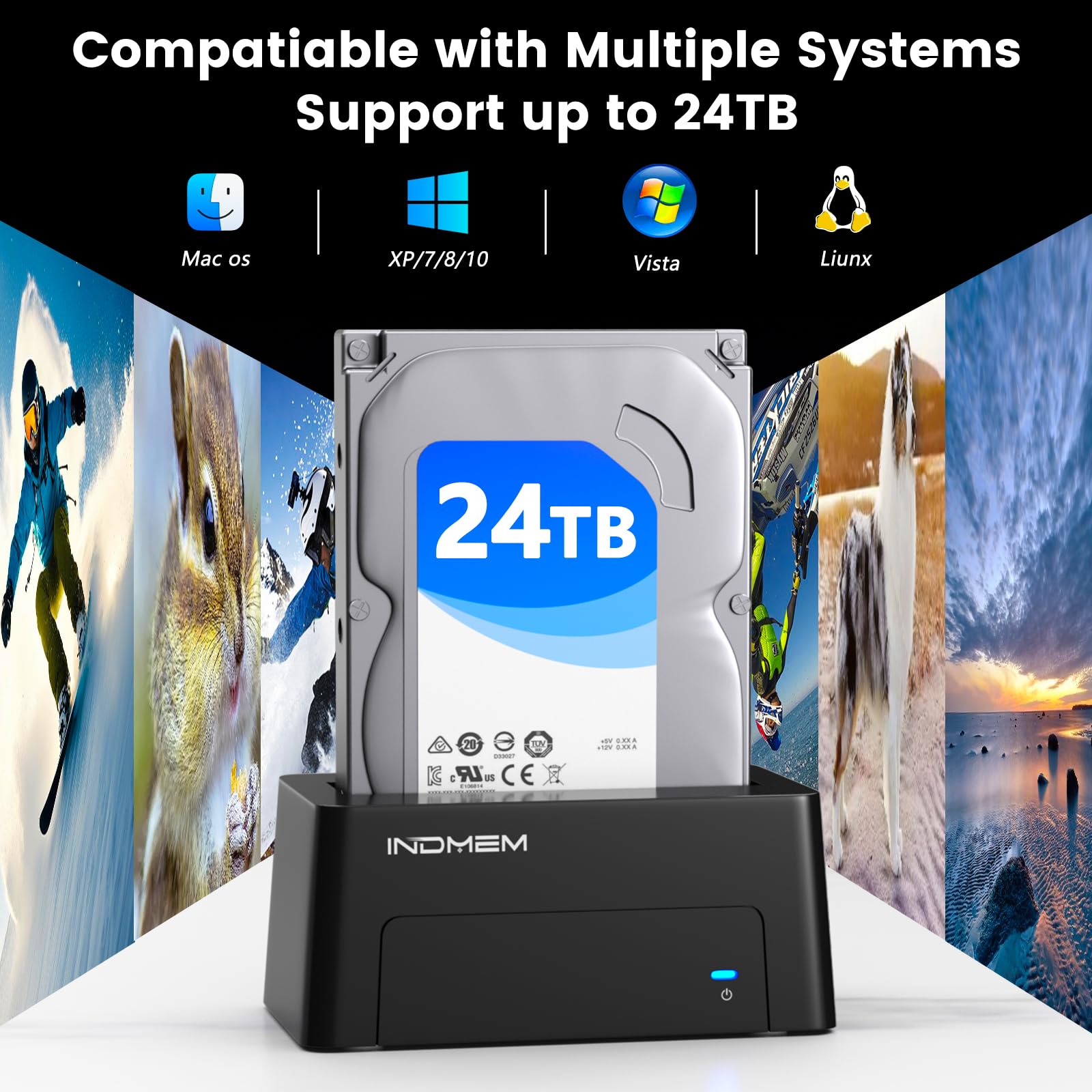 INDMEM Adaptador SAS a USB 3.0, SAS/SATA, lector de carcasa de disco duro convertidor, estación de acoplamiento para servidor HDD SSD de 2.5/3.5 pulgadas con adaptador de corriente de 12 V/2 A