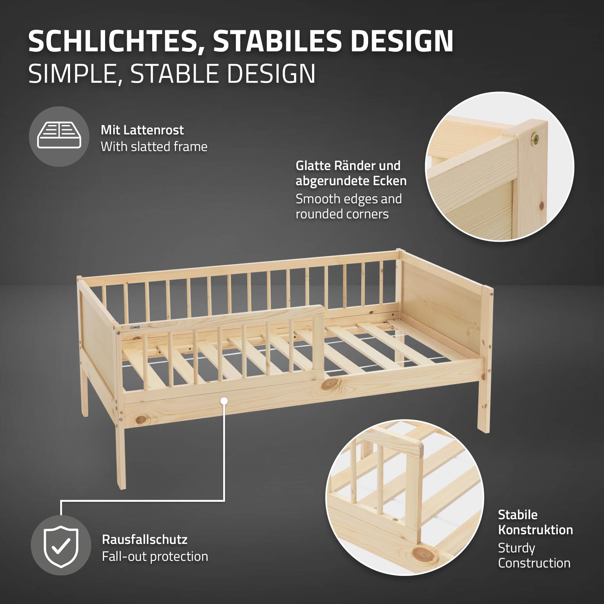 ML-Design Cama Infantil Natural con Colchón De Espuma Fría 70x140cm Madera de Pino Maciza con Somier de Láminas y Protección Anticaída Estructura Robusta Mueble de Dormitorio para Niños/Bebés