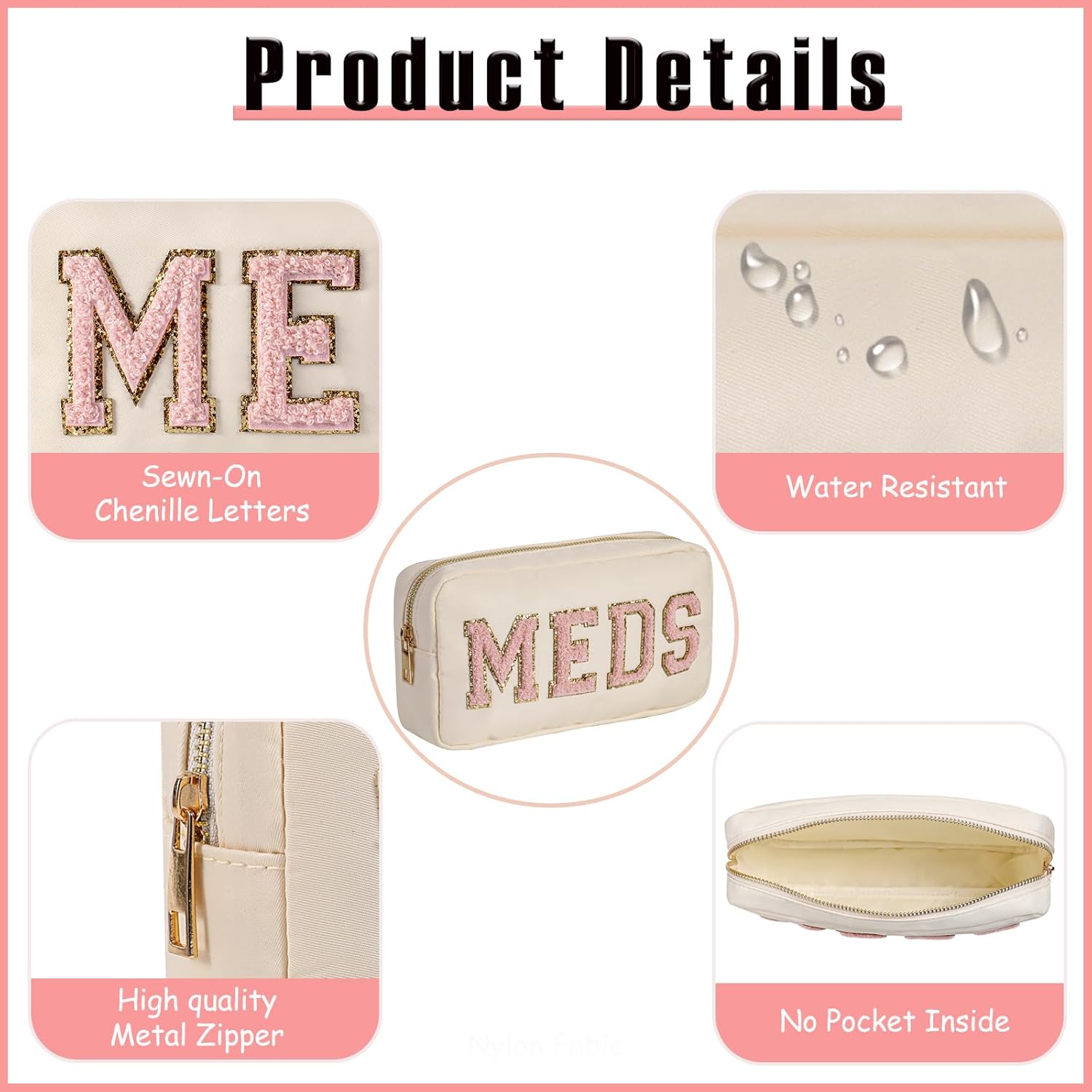 2Pcs Chenille Letter Patch Nylon Medicine Makeup Bag Set,Cute MEDS Travel Makeup Bag with Metal Zipper, First Aid Purse Organizer Cosmetic Bag for Women and Girls(Beige MEDS-RX)