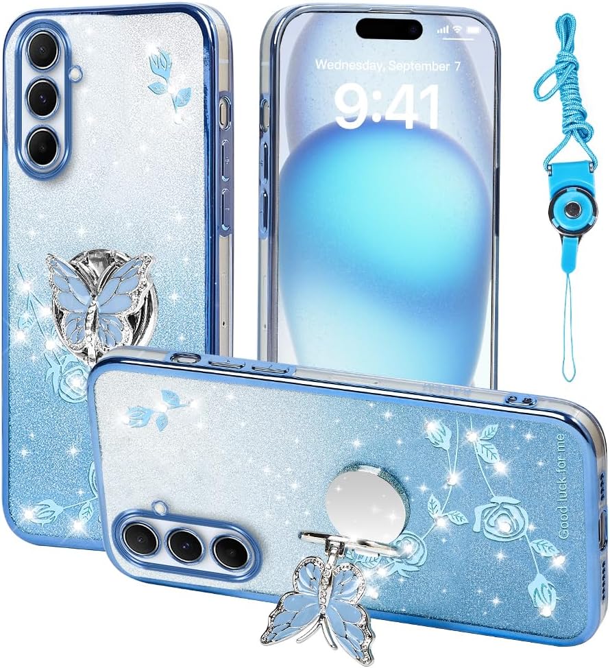 For Samsung Galaxy A55 5G Mobile Phone Case, for Mobile Phone Case for Women and Girls, Glitter Butterfly Flower TPU Protective Case with Stand + Strap Case Cover for Samsung A55 (Blue)