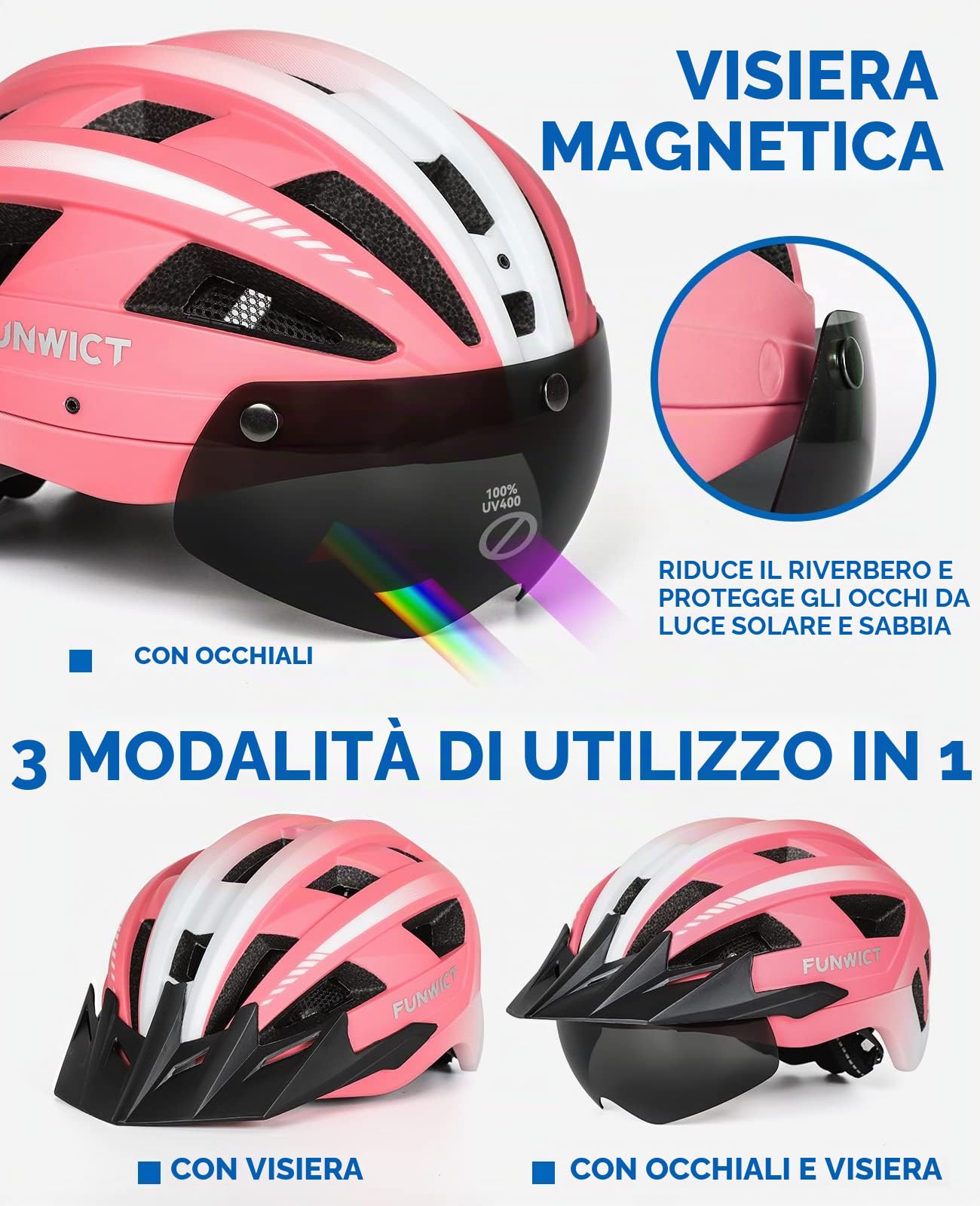 Casco Bici per Uomo Donna Adulto, Leggero Casco MTB con Visiera Rimovibili Occhiali Magnetici Staccabili e LED Luce Ricaricabile, Casco Ciclismo da Corsa Caschetto Bici (M: 54-58 cm, Rosa)