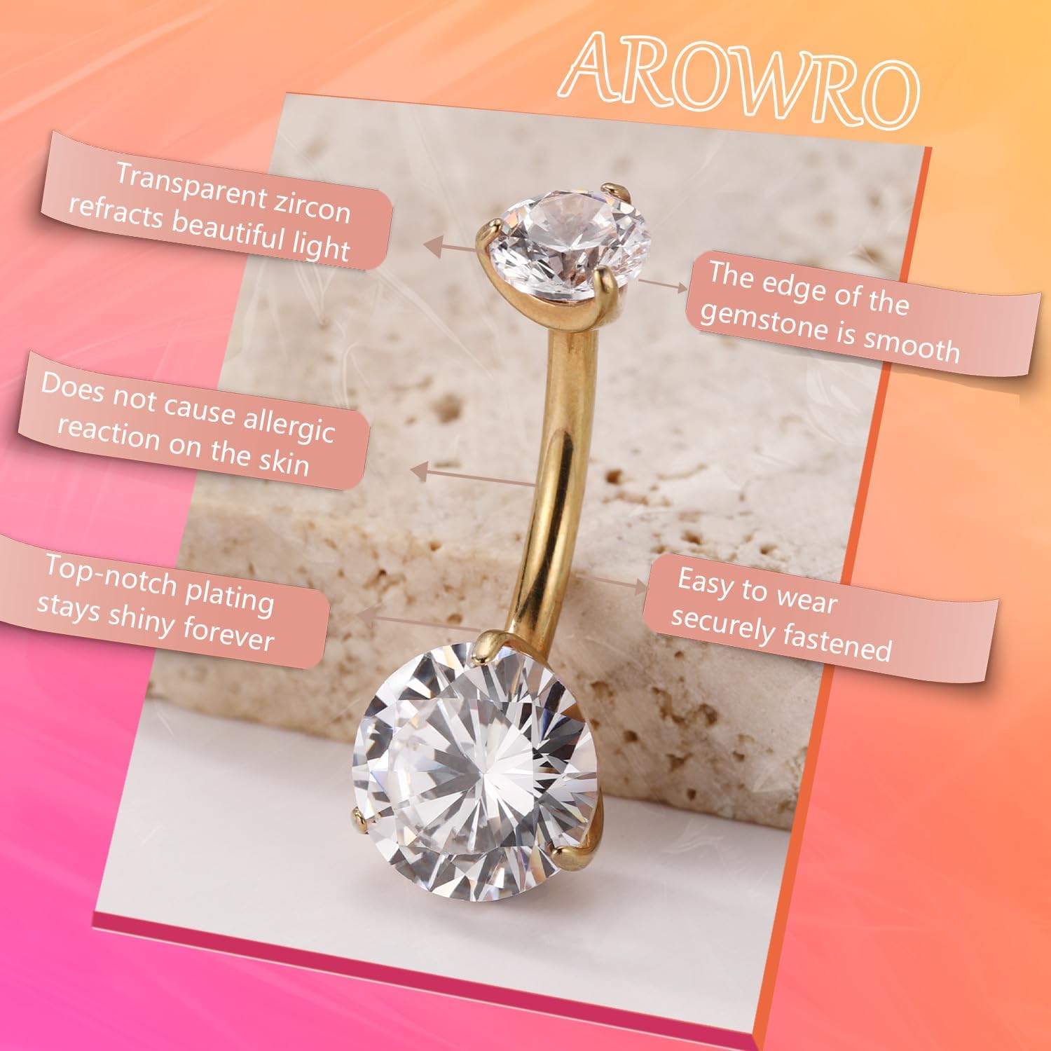 AROWRO G23 Titanium Belly Button Ring Hypoallergenic Belly Rings Internally Threaded Belly Button Piercing 14G 8-14mm Navel Piercing Jewelry with Round Cubic Zirconia - Image 2