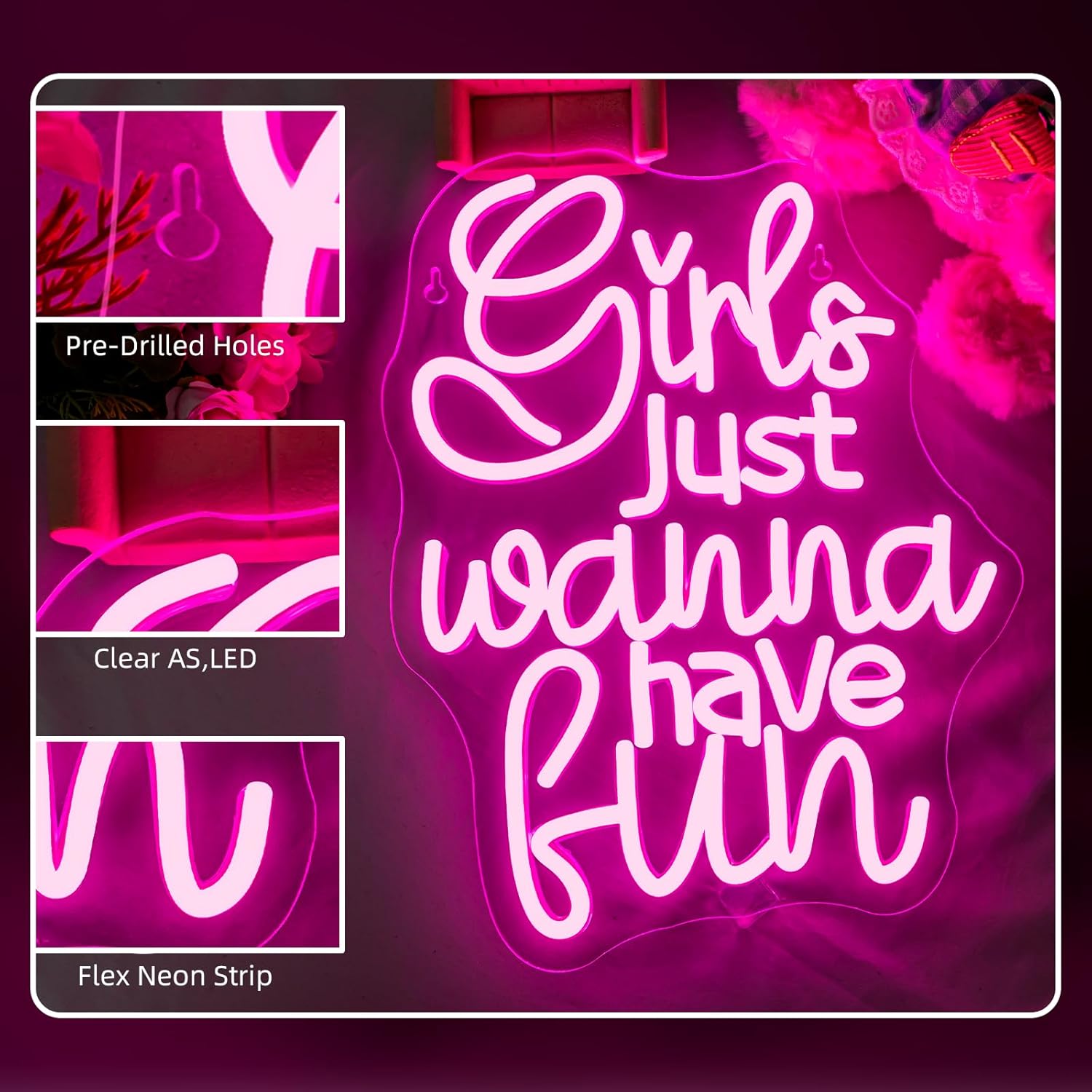 Girls Just Wanna Have Fun Neon Sign 80's Party Decoration Retro Pink LED Neon Light Sleepover Party Girl Neon Signs for Wall Decor,for Bedroom Wedding Christmas Birthday