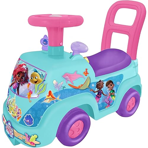Kiddieland Disney Junior Ariel Ride-On with Lights and Sounds, Interactive Dashboard, Push Handle and Under-Seat Storage, Sturdy Foot-to-Floor Toy for Toddlers