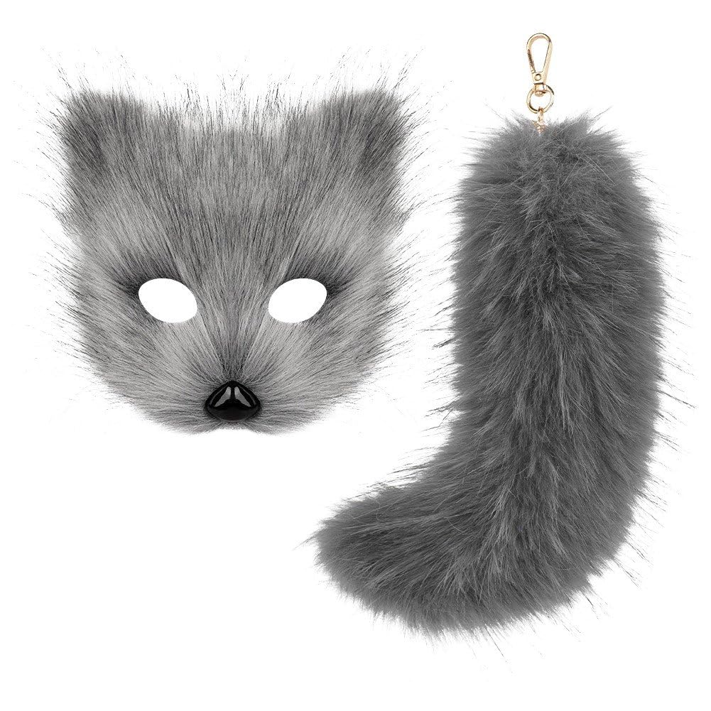 Tsffae Mask and Therian Tail Set, Furry Mask＆long Tail Half Face Masquerade Dress Up Cat Mask for Cosplay Fancy Party Costume Accessory