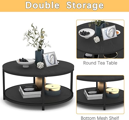 Miniatura 54 de Mesa de centro redonda de 36 pulgadas, superficie superior de madera rústica y patas de metal resistentes, mesa industrial para sala de estar, Nogal