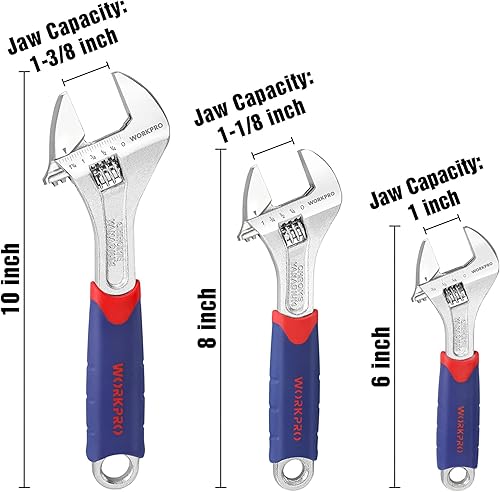 Miniatura 2 de WORKPRO Juego de llaves ajustables CR-V de 3 piezas con empuñaduras antideslizantes de goma de 10 pulgadas, 8 pulgadas, 6 pulgadas